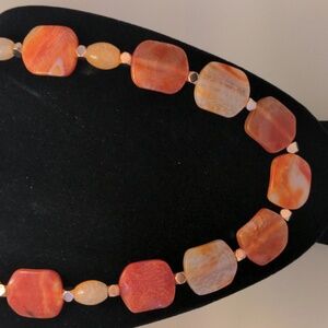 New Agate Orange & Cream Necklace, Gold tone Accents, 24"+2 1/2", Bold, Boho